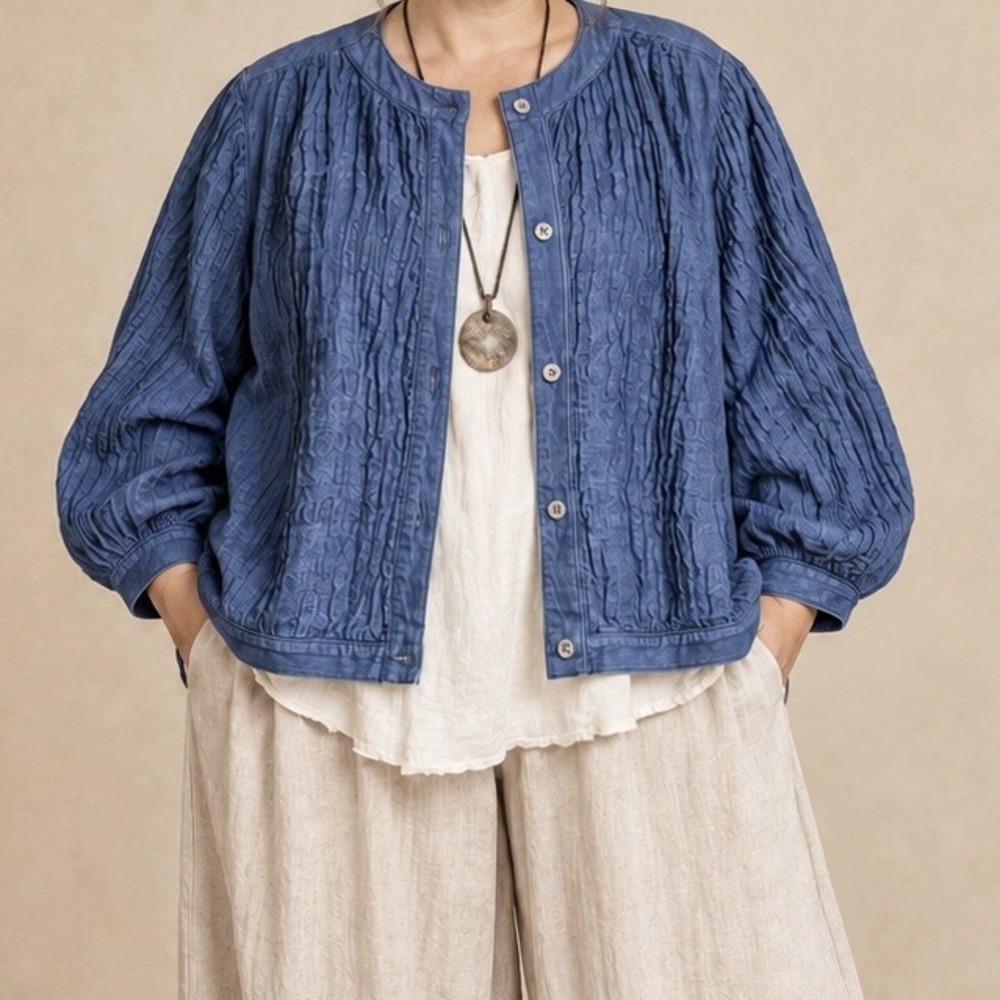 Gene Ewing BIS Jacket Size 2X Blue Wrinkled Rich Denim Smocked Lagenlook Artsy